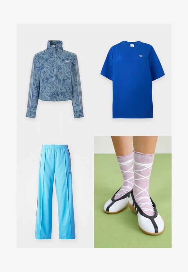 Modrá bunda na zips so svetlým vzorom paisley, vysokým golierom a tromi pruhovanými detailmi na rukávoch, s malým logom na hrudi.; Modré tričko Adidas s krátkym rukávom a okrúhlym výstrihom, s malým bielym logom Adidas trefoil na ľavej strane hrudníka.; Svetlomodré športové nohavice s elastickým pásom, bočnými zipsami a čiernymi bočnými akcentmi. Mäkkučký materiál s voľným, širokým strihom.; Nohy v rebrovaných levanduľových ponožkách s bielymi krížovými pásmi v kombinácii s bielymi baletnými papučkami s čiernym lemom na zelenej podlahe.