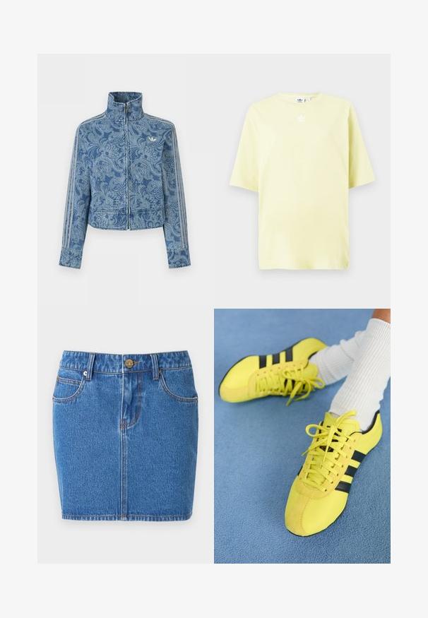 Sininen vetoketjullinen takki, jossa vaalea paisley-kuvio, korkea kaulus ja kolme raidallista yksityiskohtaa hihoissa, edessä pieni logo.; Vaaleankeltainen Adidas T-paita, jossa on lyhyet hihat ja pieni valkoinen trefoil-logo keskellä lähellä kaula-aukkoa.; Sininen farkkuminihame, jossa etutaskut, vyölenkit ja metallinen nappikiinnitys pienellä logodetaljilla.; Kirkkaankeltaiset urheilukengät mustilla raitoja ja nauhoilla; niissä on teksturoitu pinta ja mokkanahkaisia yksityiskohtia. Yhdistetty valkoisten ribbattujen sukkien kanssa.