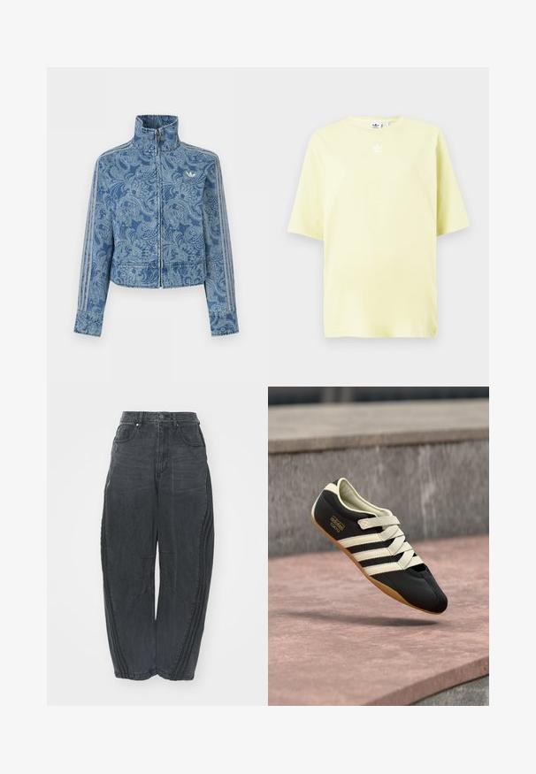 Modrá bunda na zips so svetlým vzorom paisley, vysokým golierom a tromi pruhovanými detailmi na rukávoch, s malým logom na hrudi.; Svetložlté tričko Adidas s krátkymi rukávmi a malým bielym logom trefoil uprostred pri výstrihu.; Voľné čierne denimové džínsy so zosušeným povrchom, piatimi vreckami, zapínaním na gombík v páse a prešívaním na prednej strane a po stranách.; Čierna športová obuv s krémovými pruhmi a šnúrkami, s nízkym profilom, hladkou textúrou a gumovou podrážkou pre lepšiu priľnavosť. Viditeľná značka značky.