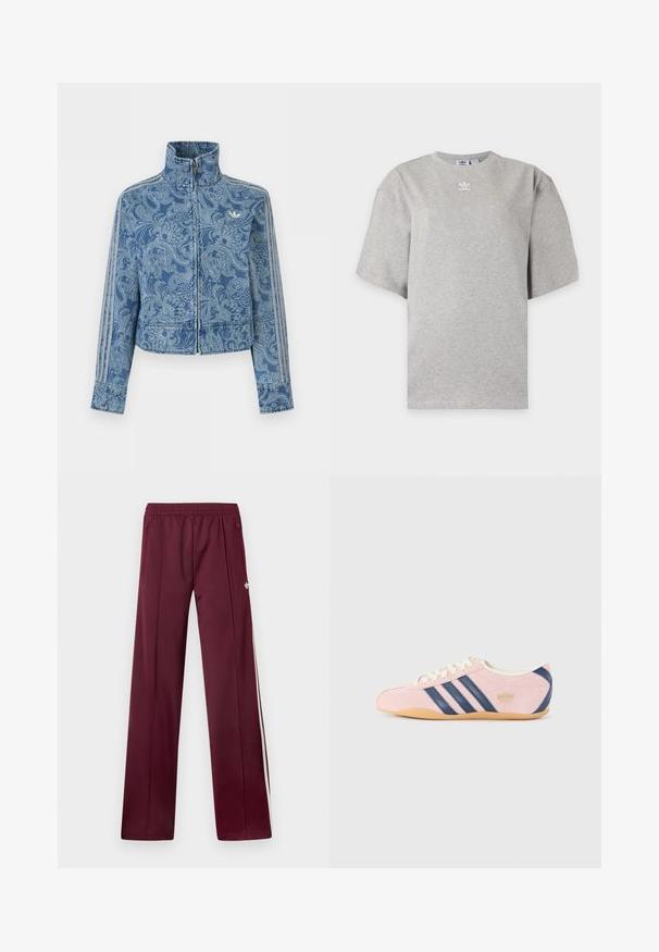 Sinine lukuga jope heleda paisley-mustriga, kõrge kraega ja kolme triibulise detailiga varrukatel, rinnal väike logo.; Helehall Adidas lühikeste varrukatega t-särk, ümara kaelusega ja väikese valge Adidas logoga rinnal, esitatud lihtsal taustal.; Tumepunased spordipüksid elastse vöökohaga, külgedel lükandtaskud, valged küljestriibud ja väike valge Adidas logo paremal reiel.; Heled roosa nahast tossud mereväe siniste triipude ja aktsentidega. Omab heledat kreemjat keelt ja paelu ning kummist tallat.