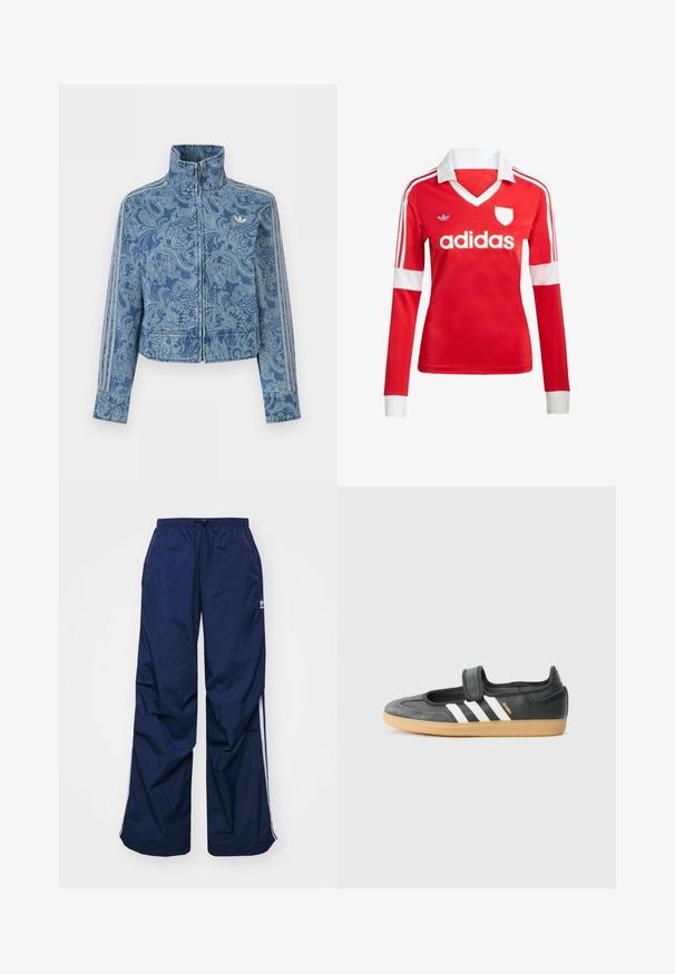 Blauwe jas met rits en een licht paisley-patroon, hoge kraag en drie gestreepte details langs de mouwen, met een klein logo op de borst.; Rode lange mouwen voetbalshirt met een witte kraag en manchetten. Heeft drie witte strepen op de schouders en het "adidas" logo prominent weergegeven.; Navyblauwe, lichtgewicht broek met elastische taille en trekkoord, voorzien van witte zijstrepen en een klein logo aan de voorkant. Losse pasvorm.; Zwarte leren en suède sneaker met een klittenbandsluiting, voorzien van drie witte strepen en een gumzool, met de naam "SAMBA" aan de zijkant.