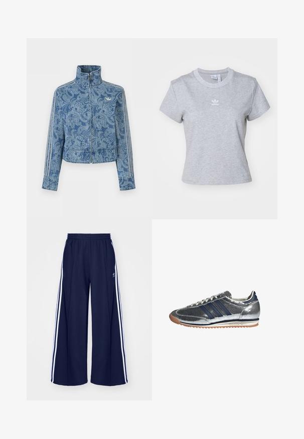Blå fleecejakke med lynlås, lys paisley-mønster, høj krave og tre stribede detaljer langs ærmerne, med et lille logo på brystet.; adidas Originals ESS SLIM TEE - T-shirts basic - medium grey heather; adidas Originals PANT - Træningsbukser - night indigo; Sølv syntetisk sneakers med marineblå striber, rund tå, hvidt foer og gummisko. Har tekstureret overdel og snøring.