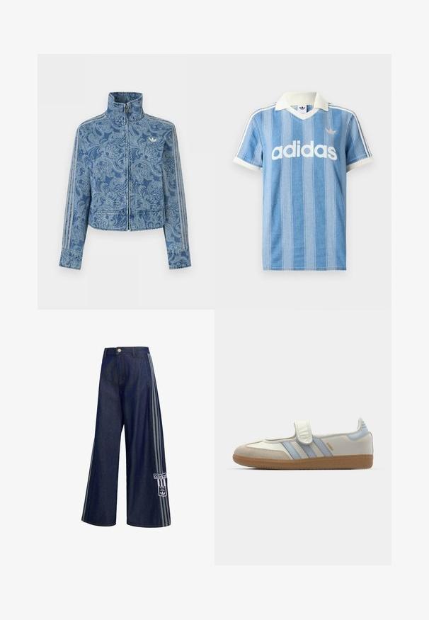 Blaues Reißverschluss-Jacke mit hellem Paisley-Muster, hohem Kragen und drei gestreiften Details entlang der Ärmel, mit kleinem Logo auf der Brust.; Hellblaues Poloshirt mit kurzen Ärmeln und vertikalen Streifen, weißen Akzenten und auffälligem weißen "adidas"-Logo auf der Vorderseite.; Dunkelblaue Jeans mit weitem Bein und grauen Seitenstreifen, Knopfverschluss, Vordertaschen und Adidas-Logo-Patch am linken Bein.; adidas Originals SAMBA JANE BALLERINA - Riemchenballerina - cloud white/halo blue