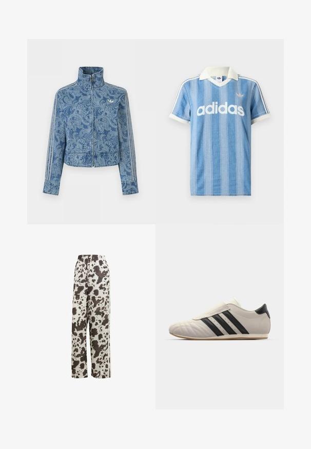 Blauwe jas met rits en een licht paisley-patroon, hoge kraag en drie gestreepte details langs de mouwen, met een klein logo op de borst.; Lichtblauw poloshirt met korte mouwen, verticale strepen, witte accenten en een opvallend wit "adidas"-logo aan de voorkant.; adidas Originals COW PRINT SATIN WIDE LEG - Trainingsbroek - multicolor off white; Lichtgrijze sneaker met zwarte strepen, ronde neus, glad leren bovenwerk, een klittenbandsluiting en een rubberen zool.