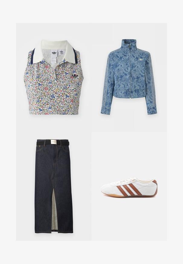 Blå fleecejakke med lynlås, lys paisley-mønster, høj krave og tre stribede detaljer langs ærmerne, med et lille logo på brystet.; Blomstret cropped bluse med hvid bund og blomster i blå, rød og gul. Inkluderer en hvid krave med marineblå detaljer og et broderet logo.; Denim midinederdel i mørkeblå med en frontslids. Har gule syninger og et sort bælte med sølvspænde. Enkel, lige design.; Hvid sneaker med lavt snit og brune læderstriber, snørelukning og en sål i gummi, vist fra indersiden på en hvid baggrund.