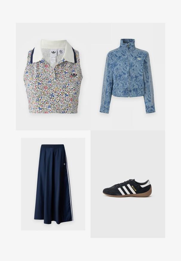 Modrá bunda na zips so svetlým vzorom paisley, vysokým golierom a tromi pruhovanými detailmi na rukávoch, s malým logom na hrudi.; Kvetinový crop top s bielym základom, na ktorom sú modré, červené a žlté kvety. Obsahuje biely golier s námorníckymi akcentmi a vyšívané logo.; Tmavomodrá maxi sukňa s elastickým pásom, dvoma bielymi bočnými pruhmi a malým bielym logom Adidas na ľavej strane.; Čierna semišová teniska s tromi bielymi pruhmi, gumovou podrážkou a malým zlatým logom na boku. Má hladkú čiernu vnútornú podšívku.