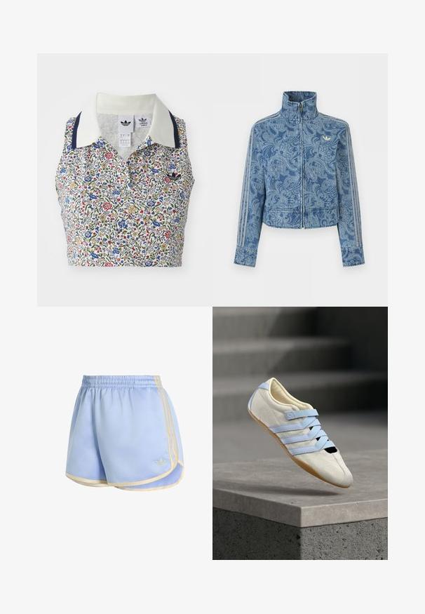 Blaues Reißverschluss-Jacke mit hellem Paisley-Muster, hohem Kragen und drei gestreiften Details entlang der Ärmel, mit kleinem Logo auf der Brust.; Blumen-Crop-Top mit weißem Grund und blauen, roten und gelben Blumen. Verfügt über einen weißen Kragen mit marineblauen Akzenten und einem bestickten Logo.; Hellblaue Sportshorts mit elastischem Bund, cremefarbenem Besatz, drei cremefarbenen Seitenstreifen und kleinem gesticktem Logo vorne.; Weißer Wildlederschuh mit hellblauen Riemen, schwarzer Kappe und Gummisohle. Verziert mit einem erhabenen Blumenmuster auf dem Obermaterial.