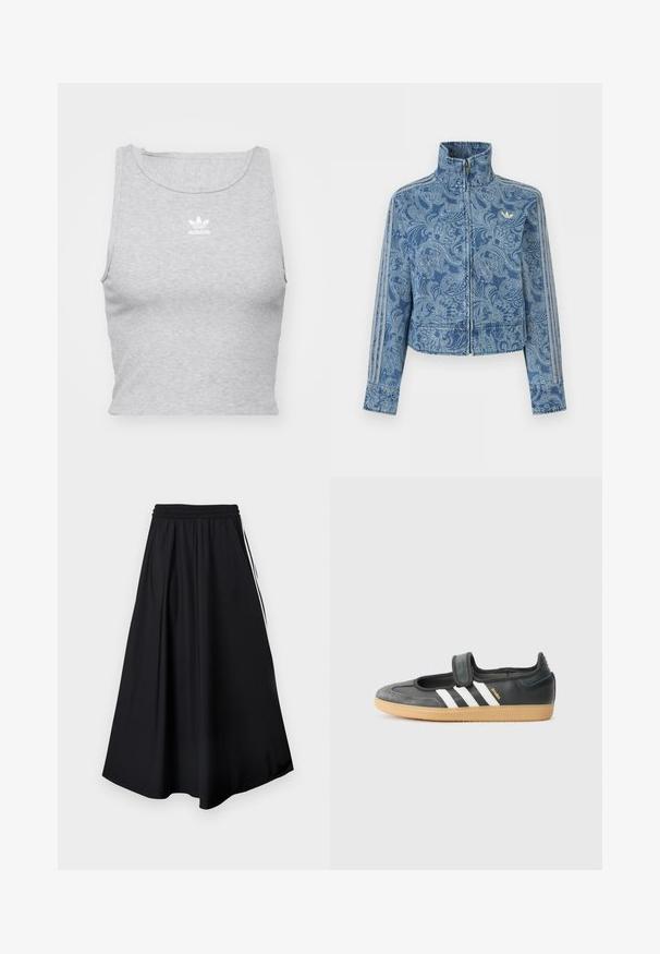 Modrá bunda na zips so svetlým vzorom paisley, vysokým golierom a tromi pruhovanými detailmi na rukávoch, s malým logom na hrudi.; Šedý, bezrukávový crop top vyrobený z jemnej látky, s okrúhlym výstrihom a malým bielym logom Adidas na hrudi.; Čierne nohavice s širokými nohavicami, elastickým pásom a bielymi bočnými pruhmi, zobrazené na jednoduchom bielom pozadí.; Čierne kožené a zamšové tenisky s Velcro pásikom, s tromi bielymi pruhmi a gumenou podrážkou, označené nápisom "SAMBA" na boku.
