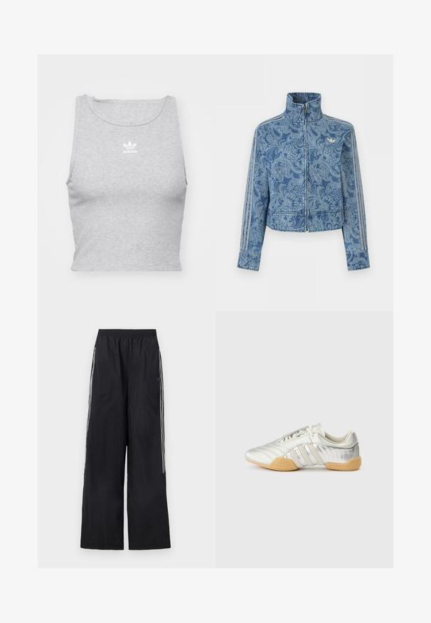 Blauwe jas met rits en een licht paisley-patroon, hoge kraag en drie gestreepte details langs de mouwen, met een klein logo op de borst.; Grijze, mouwloze crop top gemaakt van een zachte stof, met een ronde halslijn en een klein wit Adidas-logo op de borst.; Zwarte, wijduitlopende trainingsbroek met elastische tailleband en drie witte strepen aan elke zijkant van de pijpen.; Zilveren sportschoen met een glad leren bovenwerk, rubberen zool en gestructureerde accenten. Heeft een gebogen ontwerp en tonale veters.