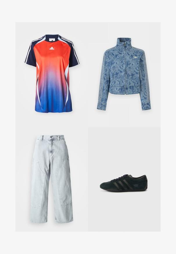 Modrá bunda na zips so svetlým vzorom paisley, vysokým golierom a tromi pruhovanými detailmi na rukávoch, s malým logom na hrudi.; Adidas športová košeľa s krátkym rukávom s gradientom od červenej po modrú, s námorníckymi akcentmi a bielymi pruhmi pozdĺž ramien.; Svetlomodré džínsové nohavice s voľným strihom a širokými nohavicami, veľkými bočnými vreckami a vysokým pásom. Ošúchaná textúra s vybledlým vzhľadom.; Čierna športová obuv zo semišu s tromi čiernymi pásmi, zaoblenou špičkou a plochou podrážkou s nenápadným logom na päte.