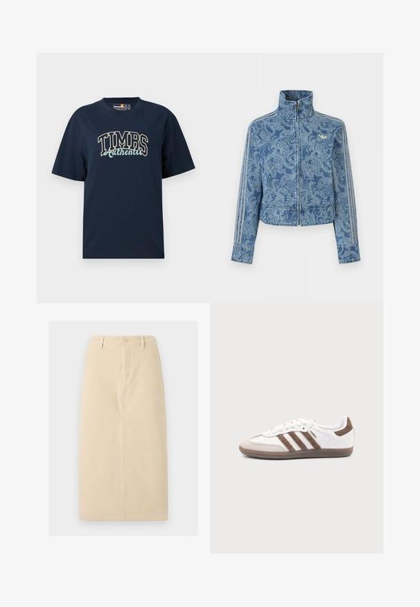 Modrá bunda na zips so svetlým vzorom paisley, vysokým golierom a tromi pruhovanými detailmi na rukávoch, s malým logom na hrudi.; Námornícky modré bavlnené tričko s voľným strihom. Obsahuje grafický dizajn s textom "TIMBS Authentic" v kontrastných farbách. Krátke rukávy, okrúhly výstrih.; Béžová sukňa po kolená vyrobená z pevného materiálu, s predným zapínaním na tlačidlá a jemným vertikálnym švom.; Biele tenisky Adidas Samba s hnedými semišovými pruhmi, hnedou gumovou podrážkou a béžovým semišovým špicom, zobrazené z vonkajšej strany na jednofarebnom pozadí.