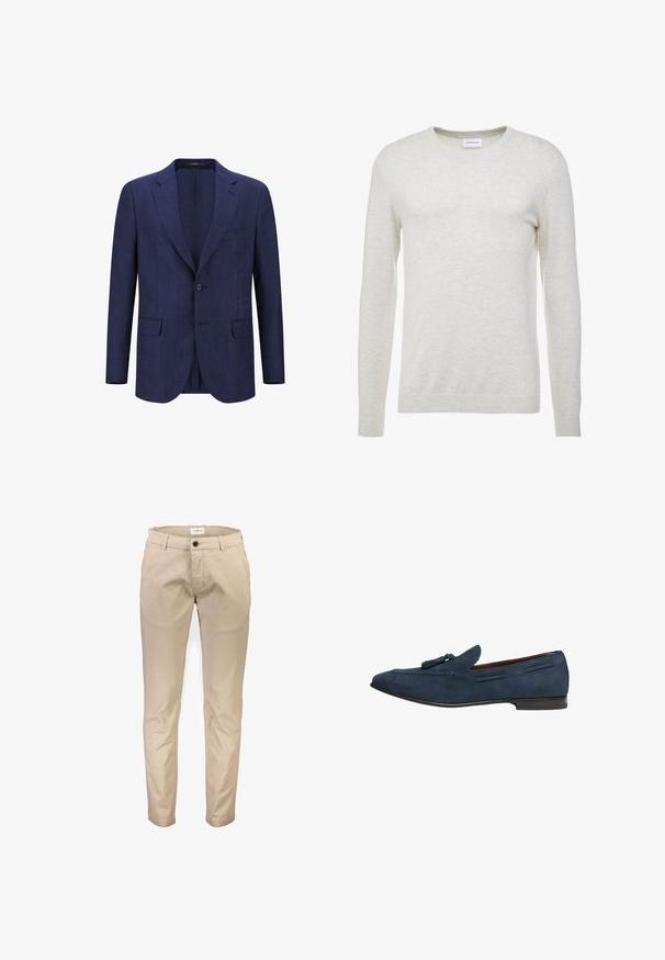 Marineblå linned blazer med en enkelt knap, udsnitte kraver og to forlommer. Letvægtsstof med en tekstureret overflade.; Lindbergh ECOVERO L/S O-NECK - Striktrøje - off white melange; Beige bomuldsbukser med lige ben, der har frontlommer, lynlås og en enkelt knaplukning. Glat tekstur, uden mønstre.; Mørkeblå ruskinds herre loafers med kvastdetaljer, lav hæl og syninger, vist fra siden mod en hvid baggrund.