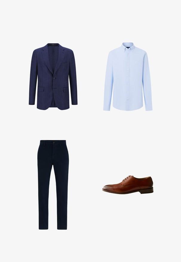 Marineblaues Leinenblazer mit einem Knopf, Reverskragen und zwei Fronttaschen. Leichter Stoff mit strukturierter Oberfläche.; Hellblaues Hemd mit langen Ärmeln, Knopfleiste, Button-Down-Kragen und dezentem Logo auf der linken Brustseite.; Marineblaue Chinos aus einem weichen, strapazierfähigen Stoff. Mit Knopfverschluss, Gürtelschlaufen und geradem Bein-Design. Keine sichtbaren Muster.; Brauner Herrenschuh aus Leder mit geschlossenem Schnürsenkel, niedrigem Absatz und glatter Oberfläche, seitlich auf weißem Hintergrund gezeigt.