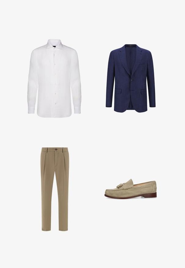 Marineblaues Leinenblazer mit einem Knopf, Reverskragen und zwei Fronttaschen. Leichter Stoff mit strukturierter Oberfläche.; Weißes langärmliges Button-Down-Shirt aus leichtem Stoff, das einen klassischen Kragen, eine subtile Textur und sechs Knöpfe auf der Vorderseite aufweist.; Beige maßgeschneiderte Hose mit Gürtelschlaufen, vorderem Knopfverschluss, Reißverschluss und Seitentaschen, präsentiert vor einem weißen Hintergrund.; Beiger Wildleder-Loafer mit Quasten, Ziernähte und brauner Holzsohle, seitlich auf weißem Hintergrund dargestellt.