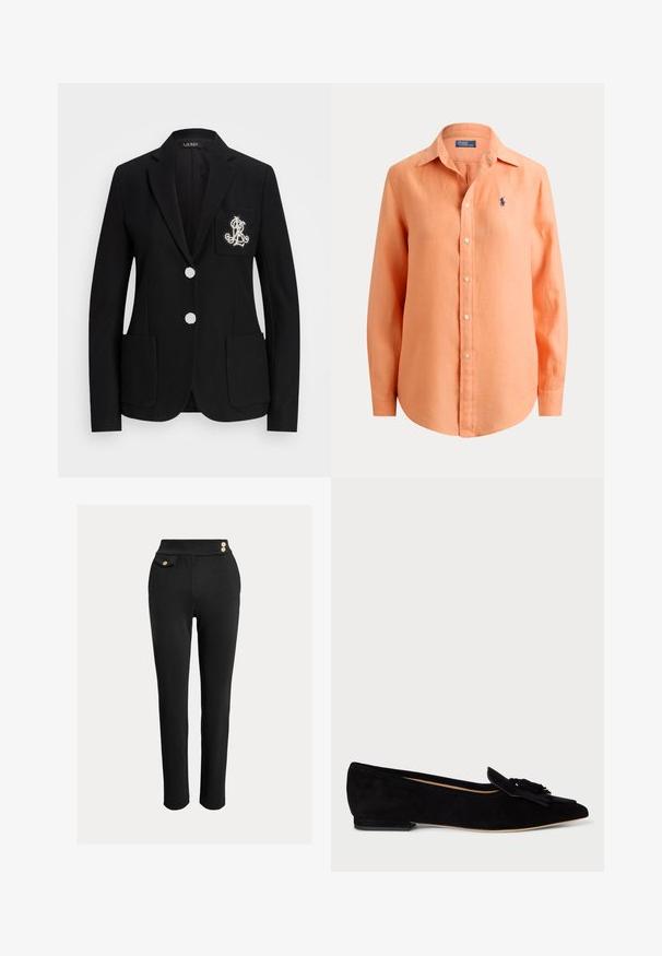 Čierny na mieru šitý blazer s dvoma bielymi gombíkmi, tromi prednými vreckami a bielym vyšitým monogramom na ľavom náprsnom vrecku.; Dlhá košeľa na gombíky v svetlo oranžovej farbe s golierom a modrým vyšitým logom Polo Ralph Lauren na ľavej strane hrudníka.; Čierne slim-fit nohavice s vysokým pásom, dekoratívnymi zlatými gombíkmi na páse a malou vreckom na pravej strane.; Čierne semišové ploché topánky s špicatou špičkou, ozdobným detailom z strapcov a nízkym podpätkom. Hladký povrch s minimálnym prešívaním.