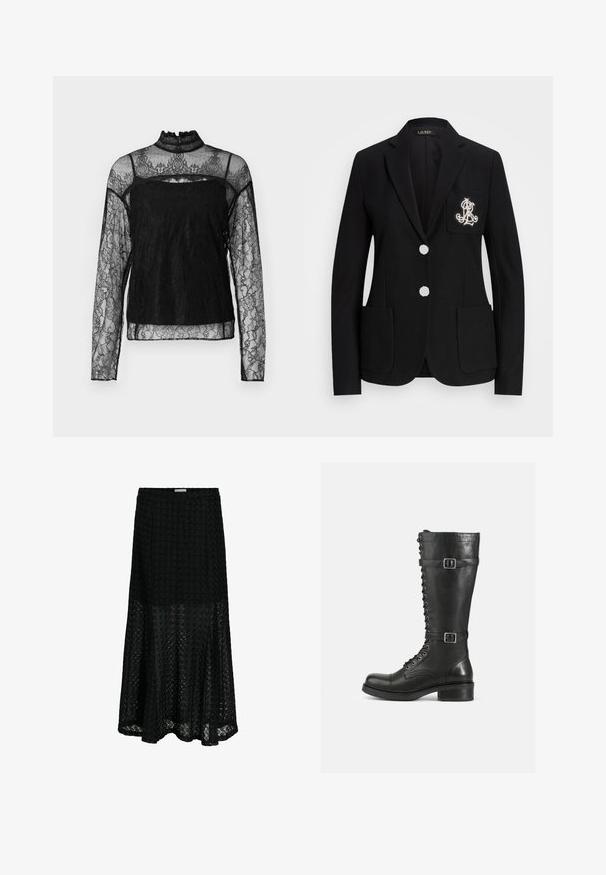 Blazer negro a medida con dos botones blancos, tres bolsillos delanteros y un monograma blanco bordado en el bolsillo izquierdo del pecho.; Top de encaje negro de manga larga con cuello alto, patrón floral intrincado, tejido transparente y panel sólido en la zona del pecho.; Falda negra de corte línea A con superposición de encaje floral texturizado, ajustada en cintura y caderas, se ensancha debajo de la rodilla, bajo parcialmente transparente.; Botas altas de cuero negro con cordones en la parte delantera, hebillas en los laterales, textura suave, punta redondeada y un tacón bajo resistente.