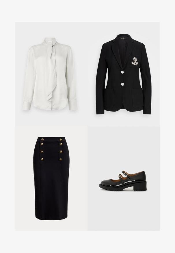 Blazer noir sur mesure avec deux boutons blancs, trois poches avant et un monogramme blanc brodé sur la poche poitrine gauche.; Blouse blanche à manches longues avec un col haut et un détail de foulard noué sur le devant, en tissu lisse semblable à du satin.; Jupe crayon noire longueur genou avec panneau vertical devant et deux rangées de six boutons décoratifs dorés.; Chaussures Mary Jane en cuir verni noir avec deux brides réglables, bout rond et talon en caoutchouc épais présentant un motif de semelle texturé.