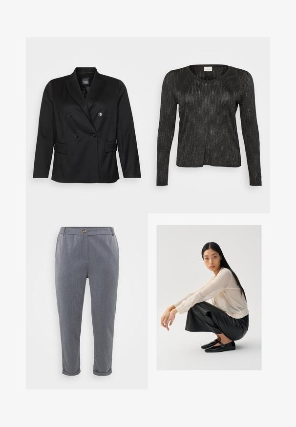 Blazer noir croisé en tissu lisse, doté d'un col à revers, de deux poches avant et de boutons ronds.; Pull noir à manches longues avec un design texturé et scintillant. Doté d'un col rond et d'une bordure côtelée au bas et aux poignets. Tissu léger.; Pantalons gris ajustés avec une texture tissée lisse, ourlets à enfiler, poches avant et fermeture à bouton à la taille.; Pull léger beige clair en maille transparente avec des manches bouffantes, associé à un pantalon large en cuir noir et des chaussures noires brillantes avec un détail de sangle.