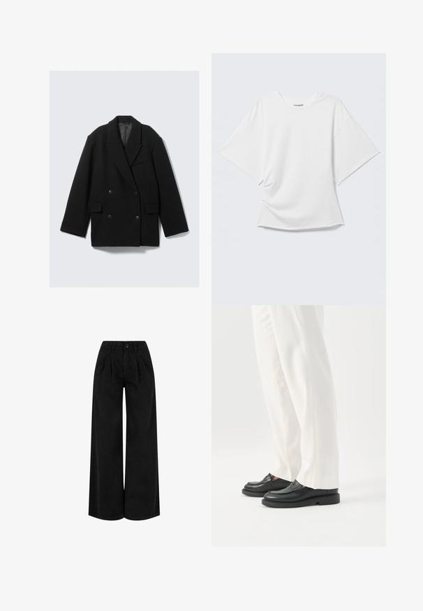 Manteau noir croisé en mélange de laine, avec un col à revers, deux poches avant et une finition texturée.; T-shirt blanc oversize à manches courtes avec col rond présenté sur un fond gris clair.; Pantalon noir taille haute à jambes larges avec plis devant, fermeture à boutons et passants pour ceinture, présenté sur fond blanc.; Personne portant un pantalon blanc sur mesure et des mocassins en cuir noirs, debout sur un fond blanc.