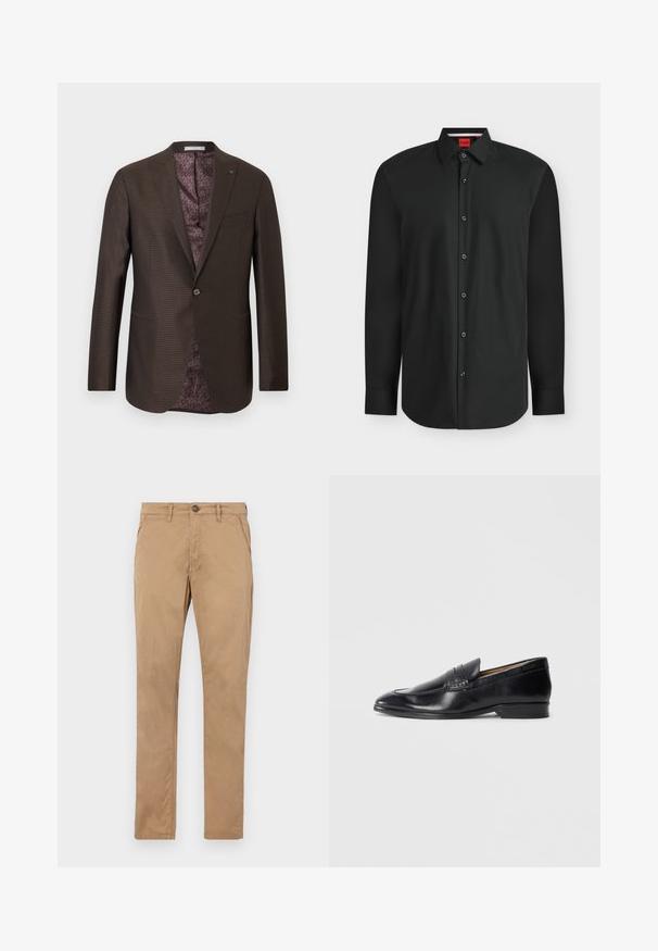 Blazer pour homme marron foncé à simple bouton avec un motif à carreaux subtil et une doublure intérieure à motif violet, orné d'une petite épingle "MK" sur le revers.; Chemise noire à manches longues, boutonnée, avec col et étiquette de marque rouge visible à l'intérieur de l'encolure.; Chinos beige à jambes droites en coton. Présentent un bouton à l'avant, une fermeture éclair, et des poches latérales avec une texture lisse et sans motifs visibles.; Mocassin en cuir noir avec une finition lisse, bout pointu et détail de couture subtil. Présente un talon plat et un logo en relief sur le côté.