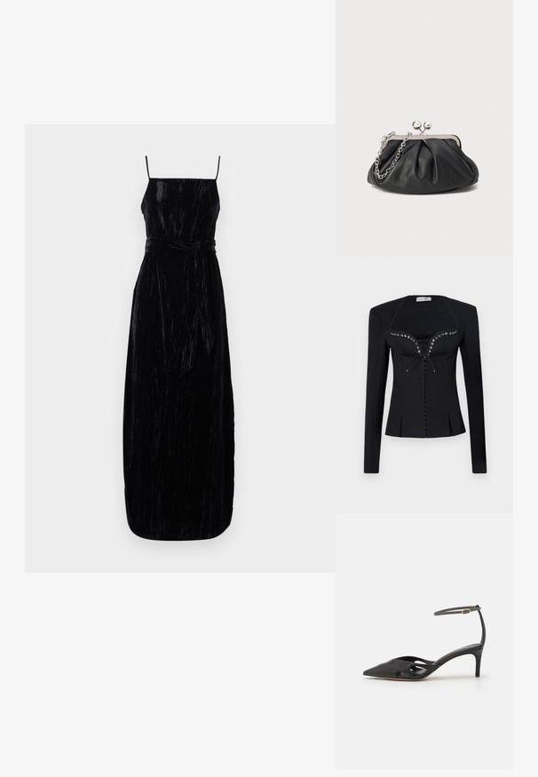 Ludovic de Saint Sernin REBECCA JACKET - Σακάκι - black; Μαύρο βελούδινο μακρύ φόρεμα με λεπτές τιράντες, εφαρμοστό μπούστο και αντίστοιχο ζωνάκι για τη μέση. Υφασμάτινη επιφάνεια με ελαφριά γυαλάδα.; Μαύρο δερμάτινο ψηλοτάκουνο παπούτσι με μυτερή μύτη, ανοιχτές πλευρές και λεπτό λουράκι στον αστράγαλο που διαθέτει μια μικρή χρυσή λεπτομέρεια.; Μαύρο δερμάτινο πορτοφολάκι με μα gathered υφή, μεταλλικό πλαίσιο σε ασημί απόχρωση, κλείσιμο τύπου kiss-lock και αλυσίδα. Λείο, απαλό επιφάνεια.