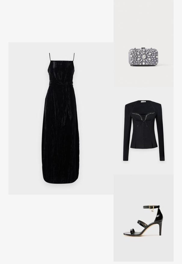 Ludovic de Saint Sernin REBECCA JACKET - Blazer - black; Sort velour maxi kjole med spaghetti stropper, en tætsiddende bodice og et matchende bindebælte i taljen. Teksturér stof med en let glans.; Sorte patenterede lædersandaler med tre stropper, ankelspænde og 10 cm stiletthæl. Har detaljer i guld og et logo charms.; Lille rektangulær mørkegrå clutch pyntet med klare rhinsten i et strålende mønster og en sølvkæde som strop.