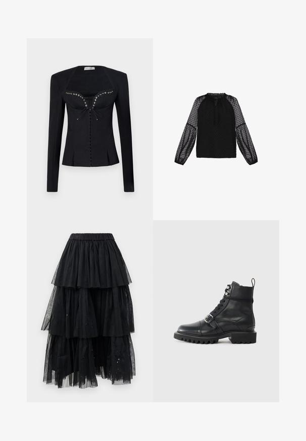 Ludovic de Saint Sernin REBECCA JACKET - Blejzer - black; Čierna blúzka s priesvitnými rukávmi s bodkami a viazaním na krku. Dlhé rukávy so zberanými manžetami a textúrovaným telom.; Viacvrstvá čierna tylová sukňa s elastickým pásom a kaskádovým dizajnom s rôznymi dĺžkami a jemnými trblietkami.; Čierne kožené členkové topánky s okrúhlou špičkou, šnurovaním vpredu, detailom s prackou a hrubou, robustnou podrážkou. Obsahujú akcenty v striebornom tóne.