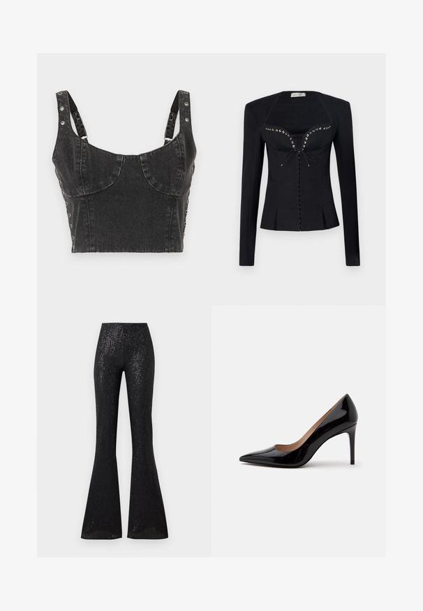 Ludovic de Saint Sernin REBECCA JACKET - Σακάκι - black; Ksubi DAUPHINE BUSTIER SHADOW - Μπλούζα - black; Μαύρο φαρδύ παντελόνι με υφή από ελαφρώς λαμπερό ύφασμα που διαθέτει κατακόρυφες ρίγες. Η ζώνη είναι με ελαστική εφαρμογή, ενισχύοντας την άνεση και την εφαρμογή.; Μαύρο γυαλιστερό γυναικείο παπούτσι με ψηλό τακούνι, μυτερή μύτη και τακούνι στιλέτο, απεικονίζεται σε πλευρικό προφίλ σε απλό λευκό φόντο.