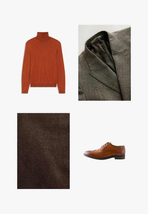 Grauer Wollblazer mit einem eleganten Reverskragen, einer einzelnen Brusttasche und einem gemusterten dunklen Futter. Die strukturierte Stoffbeschaffenheit verstärkt die Tiefe.; Rostfarbener Rollkragenpullover aus weichem Material. Figurbetontes Design mit langen Ärmeln und geripptem Kragen sowie Saum. Glatte Textur im gesamten Pulli.; Braunes Cordura-Gewebe mit vertikalen Rippungen, weicher Textur und einer tiefen, reichen Farbe, geeignet für Polsterungen oder Kleidung.; Brauner Herrenschnürschuh aus Leder mit Brogue-Muster, Flügelspitzen-Perforation und schwarzen Schnürsenkeln, von der Außenseite gezeigt.