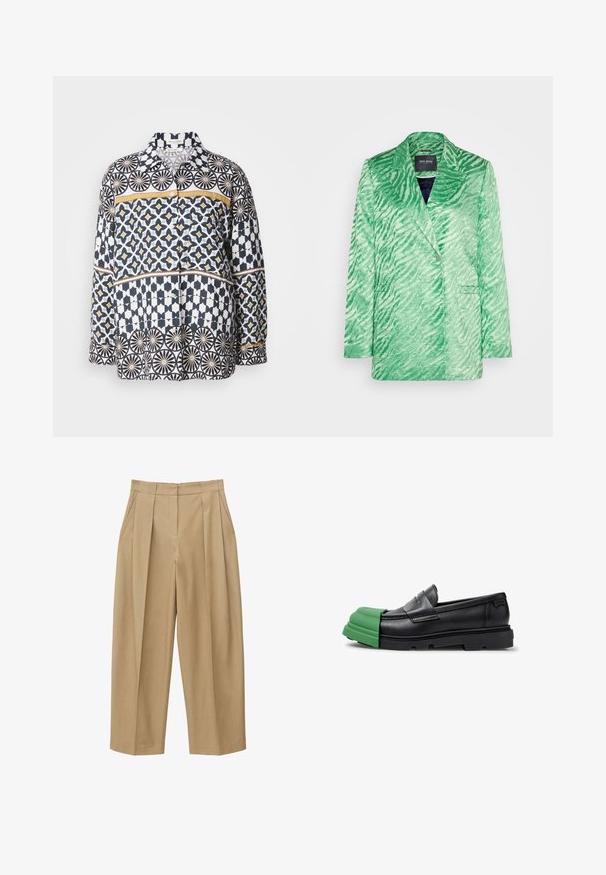 Grøn zebra-print blazerjakke, tekstureret stof, spids krave, enkelt knaplukning, to forlommer, moderne skåret form.; Langærmet skjorte i bomuld med et geometrisk mønster i navy, hvid og gul. Har krave og knaplukning foran.; Beige bukser med høj talje og vide ben, forsynet med forblad, sidelommer og en tilpasset talje med bæltestropper.; Sort loafer med kraftig grøn gummitåkappe og tyk sort sål, vist i profil på hvid baggrund.