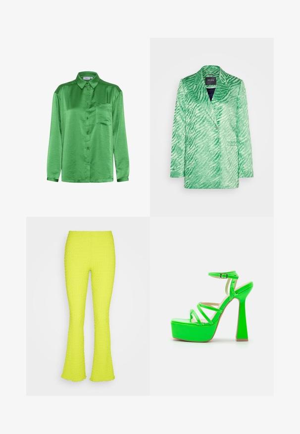 Blazer à rayures zèbres vertes, en tissu texturé, col cranté, fermeture à un bouton, deux poches avant, coupe moderne ajustée.; Chemise en satin vert à manches longues, devant à boutons, poche poitrine unique et texture lisse. Le col et les poignets sont assortis au tissu.; Even&Odd by Zalando Pantalon classique - green; RAID MISHKA - Sandales à talons hauts - green
