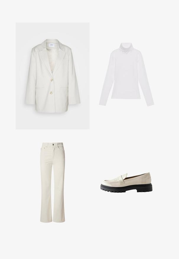 Envii Halflange jas - oatmeal; Witte lange mouw turtleneck top gemaakt van glad, elastisch materiaal. Voorzien van een hoge kraag en een getailleerd ontwerp, zonder zichtbare patronen of versieringen.; Witte flared jeans van denim. Heeft een hoge taille, vijf zakken en een metalen knoopsluiting. Glad oppervlak zonder zichtbare patronen.; Crème patenten leren loafers met een ronde neus, een gestikte accent op de schacht en een chunky zwarte rubberen zool met profieldetails.