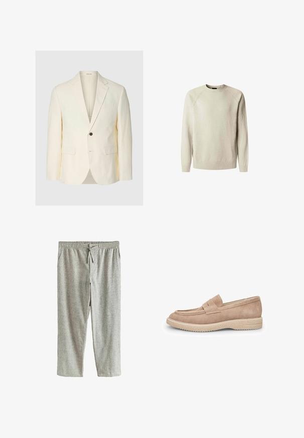 Kremfarvet enkelt-knaps blazer med notch revers, to frontklaplommer og en brystlomme med filt, vist mod en ensartet baggrund.; Lys beige strikket sweater med rund hals, lange raglanærmer og ribbet kant. Tekstiler i stoffet med subtile farvevariationer.; Lysegrå ankel-lange bukser med elastisk talje, snøring, knaplukning og sidelommer, lavet af tekstureret stof.; Lys beige ruskind loafer med rund tå, dekorativ vamprem og en struktureret gummisål for greb.