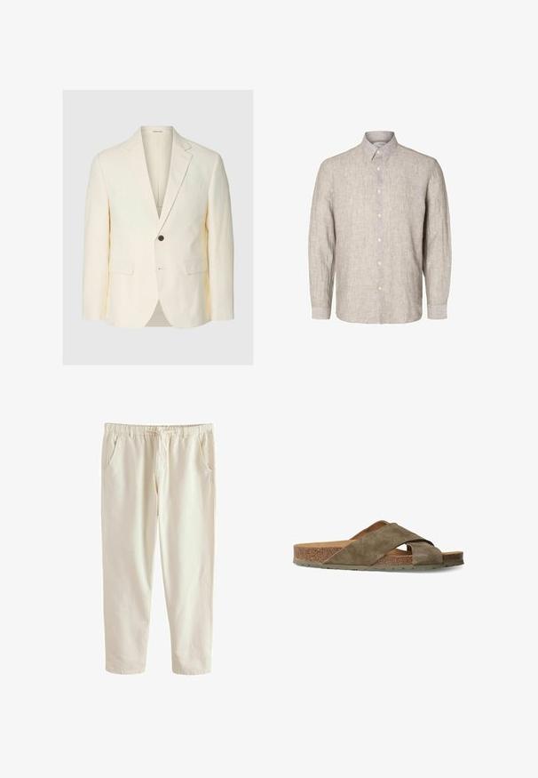 Blazer color crema con un solo botón, solapas con muesca, dos bolsillos delanteros con solapa y un bolsillo en el pecho, mostrado sobre un fondo liso.; Camisa de lino gris claro con mangas largas, cuello abotonado y botones en la parte frontal. Tela texturizada con un patrón sutil.; Pantalones casual beige con cintura elástica, cordón delantero, bolsillos laterales y corte de pierna recta sobre fondo blanco.; Sandalia deslizante de ante verde oliva con correas entrecruzadas, plantilla de corcho y suela de goma texturizada. Con puntera abierta y diseño plano.
