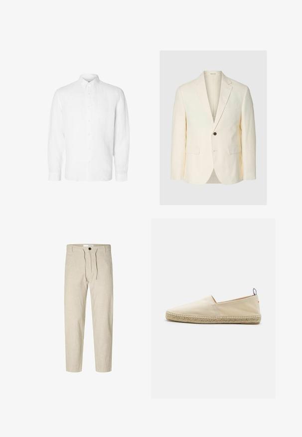 Blazer couleur crème à un bouton avec revers à encoches, deux poches à rabat à l'avant et une poche poitrine, présenté sur un fond uni.; Chemise blanche à manches longues en lin, dotée d'un col boutonné, de boutons sur le devant et d'une coupe décontractée avec des poignets droits.; Selected Slim Tapered Linen Blend - Pantalon classique - vetiver; Espadrille en toile beige avec un bout rond, semelle en jute tressé et un petit accent rouge et bleu sur le talon. Légère et sans fermeture.
