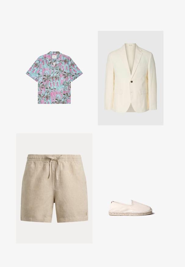 Blazer couleur crème à un bouton avec revers à encoches, deux poches à rabat à l'avant et une poche poitrine, présenté sur un fond uni.; Chemise à manches courtes boutonnée avec motif de palmiers et d'arcs en rose, bleu et vert.; Short beige à carreaux avec taille élastique et cordon de serrage devant, arborant un petit logo brodé sur le bas de la jambe gauche.; Espadrille beige clair avec une tige en toile, une ouverture élastiquée et une semelle en jute naturel. Présente une surface texturée et un design minimal.