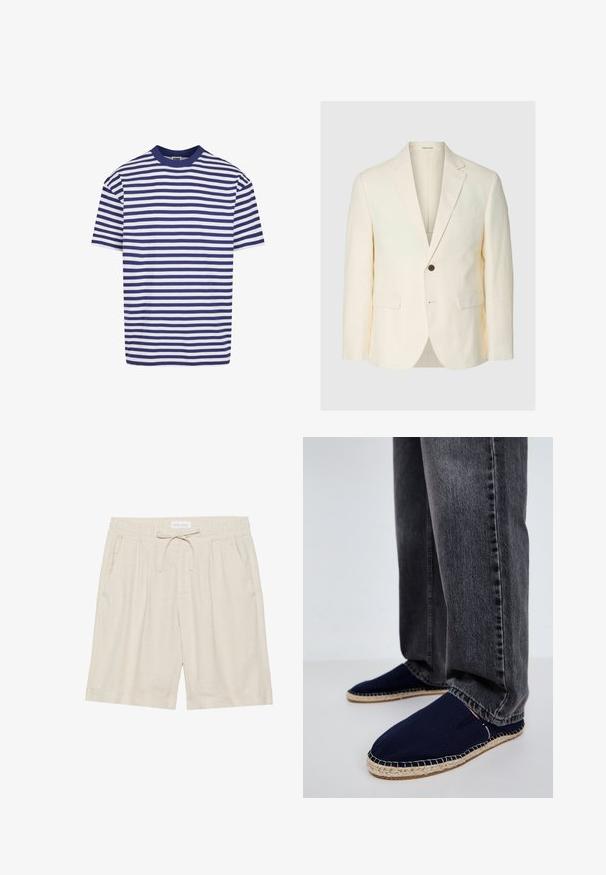 Crèmekleurige blazer met een knoop, notched revers, twee voorzakken met klep en een borstzak, afgebeeld tegen een effen achtergrond.; Korte mouwen gestreept t-shirt met marineblauwe en witte horizontale strepen, ronde hals, relaxed fit en zachte katoenen stof.; Beige linnen shorts met een elastische tailleband, trekkoord en zijzakken. Ontspannen pasvorm met een rechte pijp en omgeslagen zoom.; Jack & Jones JFWREGENT - Espadrilles - navy blazer