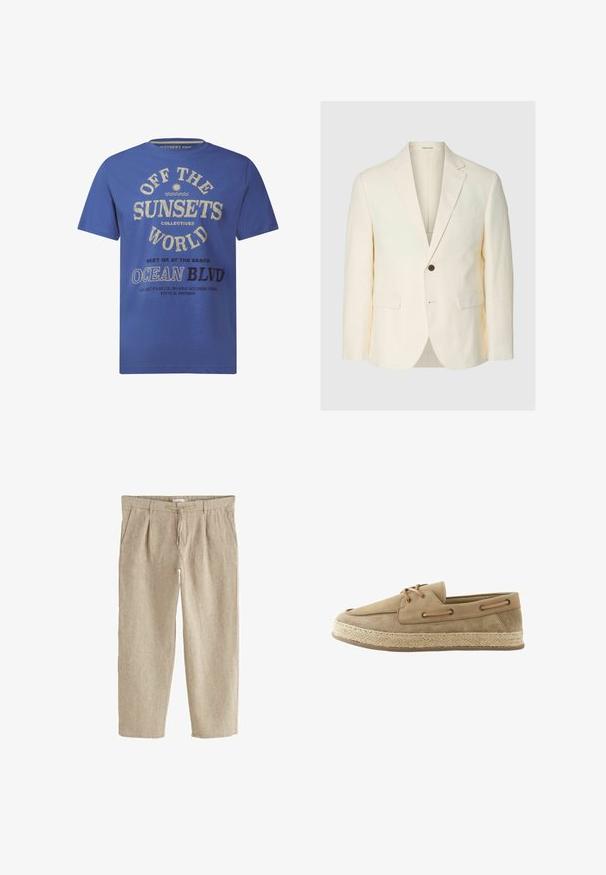 Blazer color crema con un solo botón, solapas con muesca, dos bolsillos delanteros con solapa y un bolsillo en el pecho, mostrado sobre un fondo liso.; Camiseta de manga corta azul, de material de algodón, con texto impreso en crema y negro, incluyendo "OFF THE SUNSETS" y "OCEAN BLVD."; Pantalones de lino beige con pliegues frontales, bolsillos laterales, cierre de botones y cintura con cordón ajustable.; Zapato náutico de ante beige con detalles de cordones laterales y suela plataforma trenzada de yute, visto desde el lado exterior sobre fondo blanco.