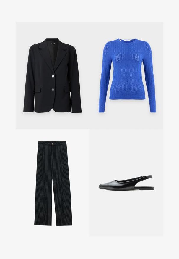 Blazer negro a medida con solapas con muesca, dos botones delanteros, bolsillos con solapa y mangas largas sobre un fondo claro y liso.; Suéter de punto azul de manga larga con un patrón texturizado, cuello redondo y dobladillo acanalado, con un diseño ajustado.; Pantalones de pierna ancha a rayas negras, fabricados con una tela texturizada, que cuentan con un cierre frontal de botón y un diseño plisado para mayor interés.; Zapato plano slingback de charol negro con punta afilada y tacón bajo sobre fondo blanco.
