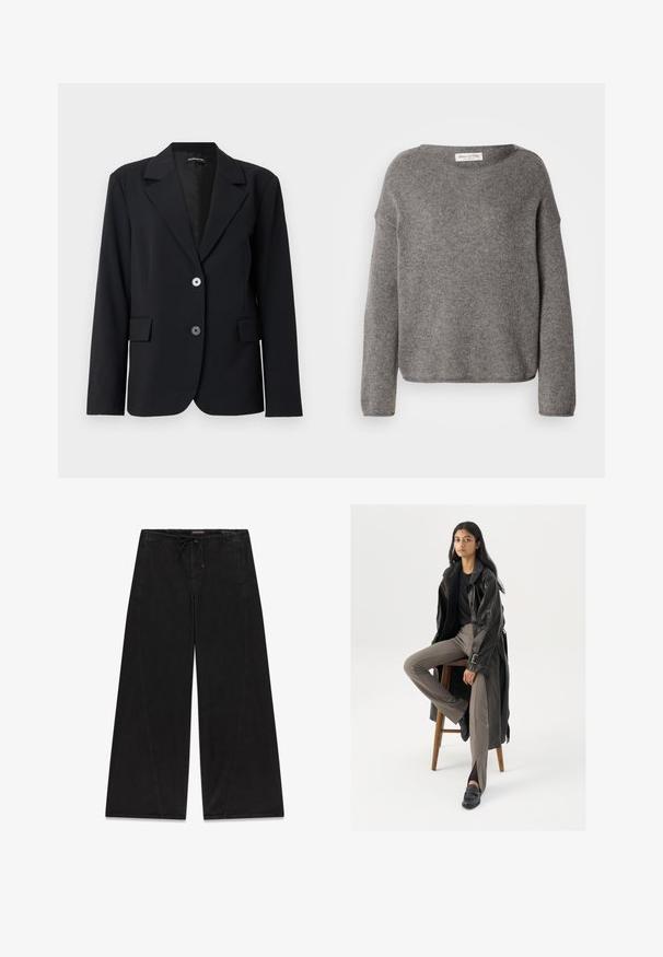 Zwarte op maat gemaakte blazer met inkeping revers, twee knopen aan de voorkant, klepzakken en lange mouwen tegen een effen lichte achtergrond.; Grijze gebreide trui met een losse pasvorm, een brede halslijn en lange mouwen. De stof oogt zacht en heeft een textuur die warmte suggereert.; Zwarte wijdvallende spijkerbroek met elastische tailleband met trekkoord en voorzakken.; Zwarte leren trenchcoat met knopen en riemdetails, gecombineerd met lichtbruine getailleerde broek en zwarte loafers, zittend op een houten kruk.