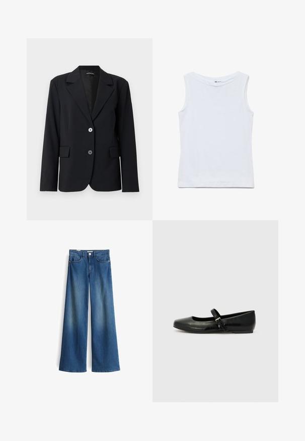 Schwarzer taillierter Blazer mit Kerbkragen, zwei vorderen Knöpfen, Klappentaschen und langen Ärmeln vor hellem, schlichten Hintergrund.; Ärmelloses weißes Baumwolltop mit weitem Rundhalsausschnitt und geradem Saum, flach auf weißem Hintergrund gezeigt.; Weite Jeans aus Denim in Mittelblau mit glatter Textur. Verfügt über zwei Fronttaschen und einen klassischen Knopfverschluss in der Taille.; Schwarze Leder-Ballerinas mit einer runden Spitze, einer flachen Sohle und einem dünnen, verstellbaren Riemen über dem Spann mit einer Metallschnalle.