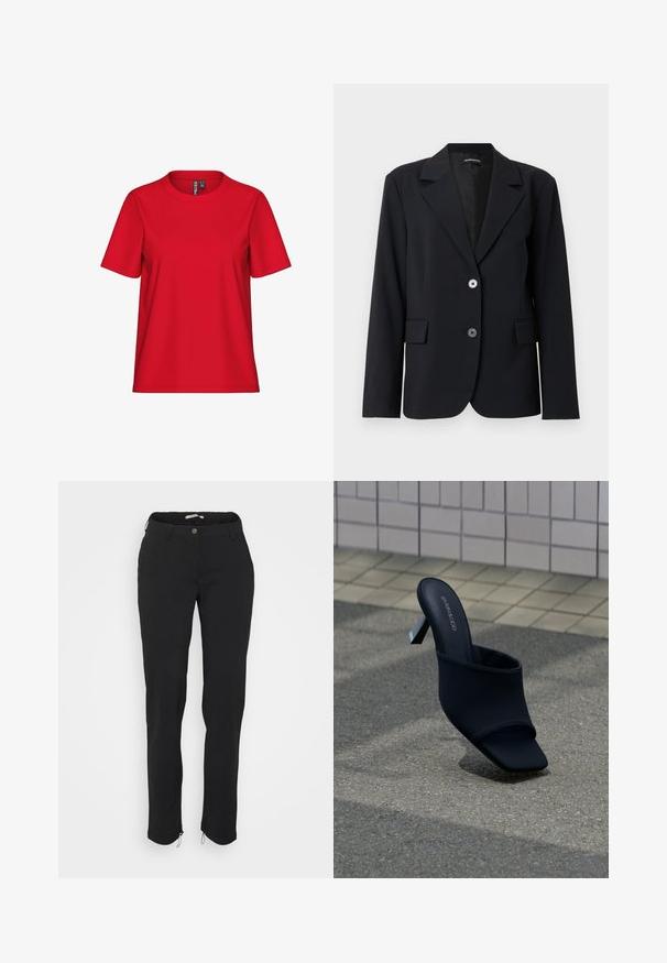 Blazer negro a medida con solapas con muesca, dos botones delanteros, bolsillos con solapa y mangas largas sobre un fondo claro y liso.; Camiseta roja de algodón de manga corta con cuello redondo. Diseño sencillo, textura suave y ajuste holgado. Sin patrones ni detalles metálicos.; Pantalones negros de corte ajustado, confeccionados en tela elástica, con cierre de botón y cremalleras en los tobillos para un ajuste ajustable.; Mule negro de punta abierta con tacón cuadrado y punta cuadrada, con la marca "EVEN&ODD", colocado sobre un pavimento gris cerca de una pared de azulejos.