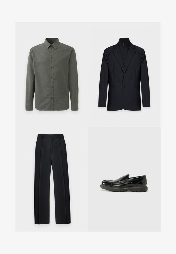 Sort herreblazer med revers med hak, to knapper og indbygget lynlåslag med høj krave.; Langærmet skjorte med knapper i mørkegrøn, lavet af struktureret stof. Har en klassisk krave og fem forreste knapper.; Sorte skræddersyede bukser med lige ben, forreste folder, bæltestropper og knaplukning ved taljen.; Sort læderloafer med en blank finish, rund tå, subtile syninger og en tyk gummisål for holdbarhed.