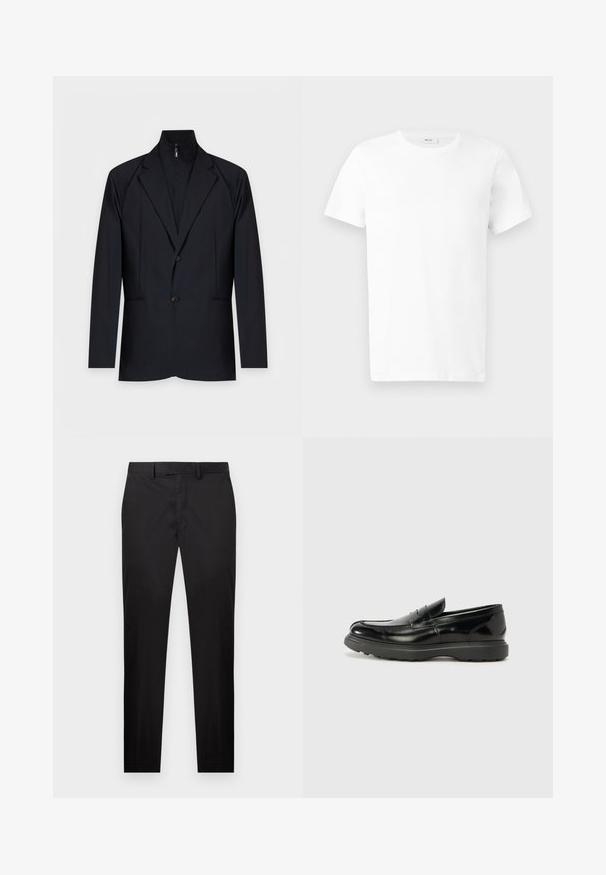 Veste noire pour homme avec revers en encoche, deux boutons et une couche intérieure intégrée zippée avec un col montant.; T-shirt en coton blanc uni à manches courtes avec col rond, présenté à plat sur un fond gris clair.; Pantalon noir slim avec passants pour ceinture, fermeture avant par bouton et zip, et poches latérales, présenté sur un fond blanc.; Mocassin en cuir noir avec une finition brillante, bout arrondi, détails de couture subtils et semelle en caoutchouc épaisse pour la durabilité.