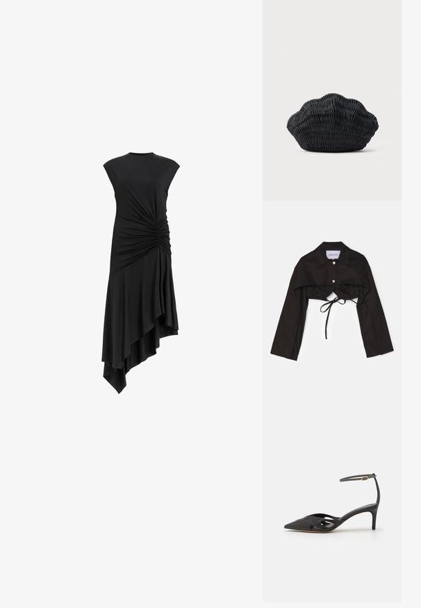 Sort cropped jakke med lange ærmer, knaplukning og detalje med frontknude. Lavet af et glat stof med et struktureret kravedesign.; Sort ærmeløs kjole med samlet detalje på siden, der har en asymmetrisk nederdel, som draperer elegant. Blød stofstruktur.; Sort læder højhælet sko med spids tå, åbne sider og en tynd ankelrem med en lille guld detalje.; Sort flet håndtaske formet som en muslingeskal med en buet top og flettet tekstur på en ensfarvet baggrund.