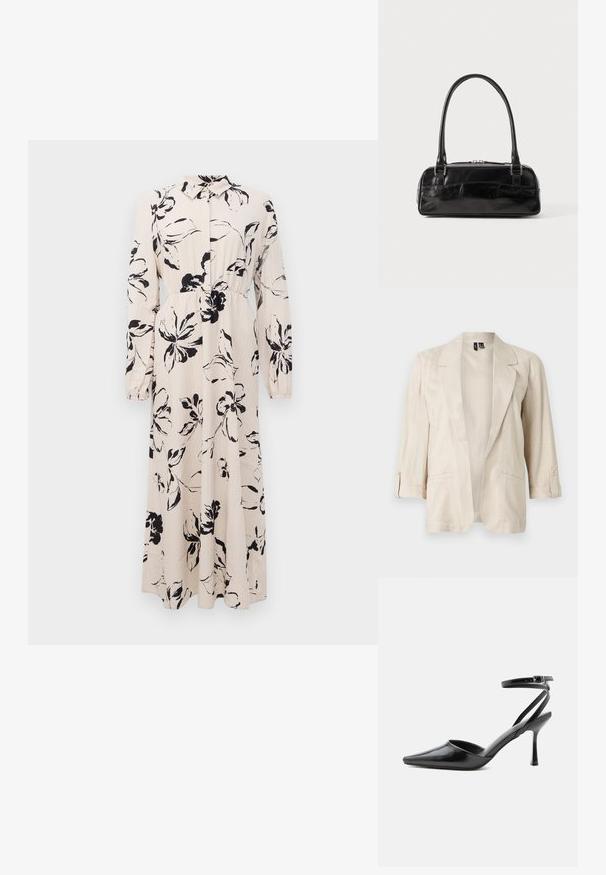 Lyse beige åben-front blazer med hakkede revers, trekvartærmer med knapstropper og to forlommer.; Lang beige kjole med sort blomstret tryk, lange ærmer, samlet talje og krave med knaplukning foran.; Sort spids højhælet sko med tynde ankelremme og sølvspænde på en ensfarvet lys baggrund.; Sort læderhåndtaske med rektangulær form, der har et enkelt struktureret håndtag, sølvhardware og lynlås-lukning. Glat tekstur.
