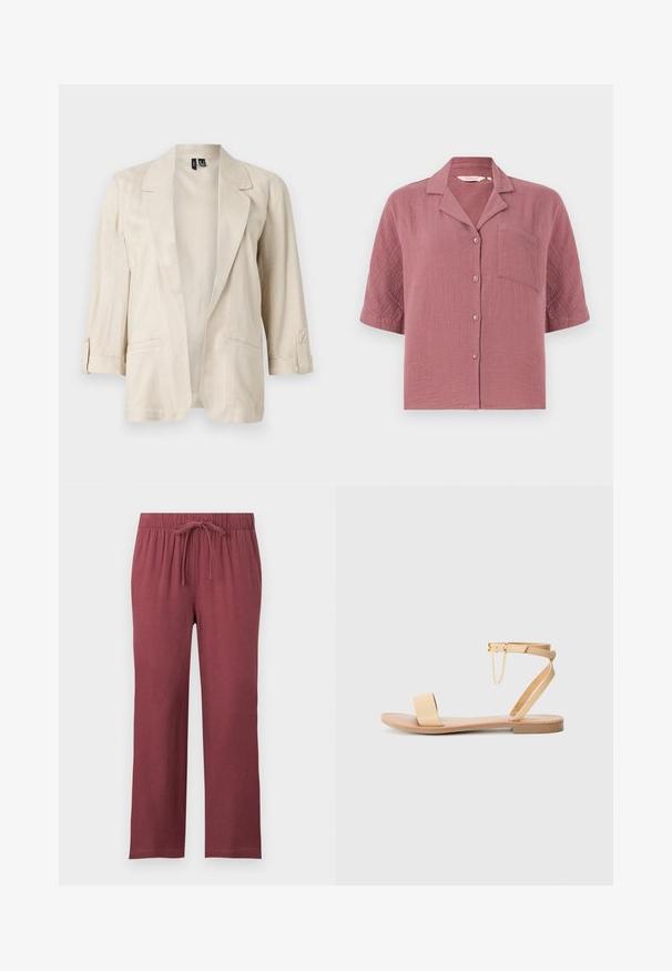Lyse beige åben-front blazer med hakkede revers, trekvartærmer med knapstropper og to forlommer.; Kortærmet støvet rosenfarvet skjorte med knapper, krave og enkelt brystlomme, lavet af struktureret stof.; Bordeaux elastiske bukser med snøre i taljen, lige vide ben og blødt stof, der egner sig til afslappet brug.; Beige flad sandal med en enkelt bred rem, ankelrem med spænde og dekorativ kæde detalje. Glat læderlignende tekstur og flad sål.