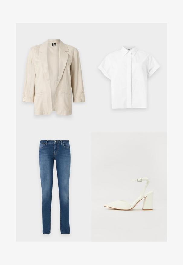 Blazer beige clair ouvert sur le devant, avec des revers en pointe, des manches trois-quarts à pattes boutonnées, et deux poches avant.; Chemise blanche à manches courtes avec col classique et poche poitrine, présentée sur un fond clair uni.; Jean denim bleu slim avec bouton frontal, fermeture éclair et design à cinq poches sur un fond clair uni.; Sandale blanche à talon avec un bout pointu, sangle de cheville réglable et un talon carré épais. Texture lisse avec des détails de couture minimaux.