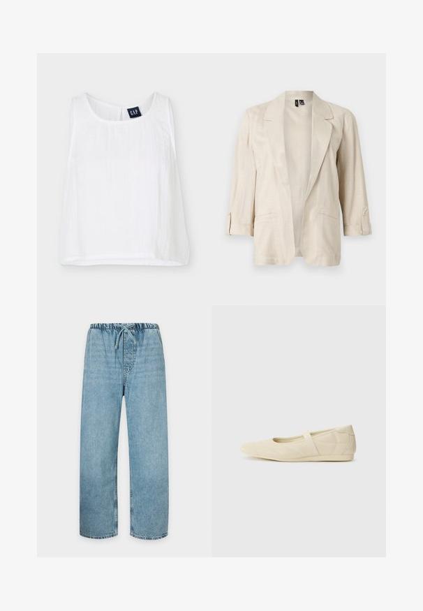 Blazer beige clair ouvert sur le devant, avec des revers en pointe, des manches trois-quarts à pattes boutonnées, et deux poches avant.; Top court blanc sans manches avec col rond et étiquette de marque GAP à l'intérieur du col au dos.; Pantalon en denim bleu clair avec une taille élastique et un cordon de serrage, jambes droites, sans poches visibles, présenté sur un fond uni.; Ballerines beiges avec une exterior en cuir lisse, un bout en forme d'amande et une sangle élastique sur le coup de pied, avec des détails de couture subtils.