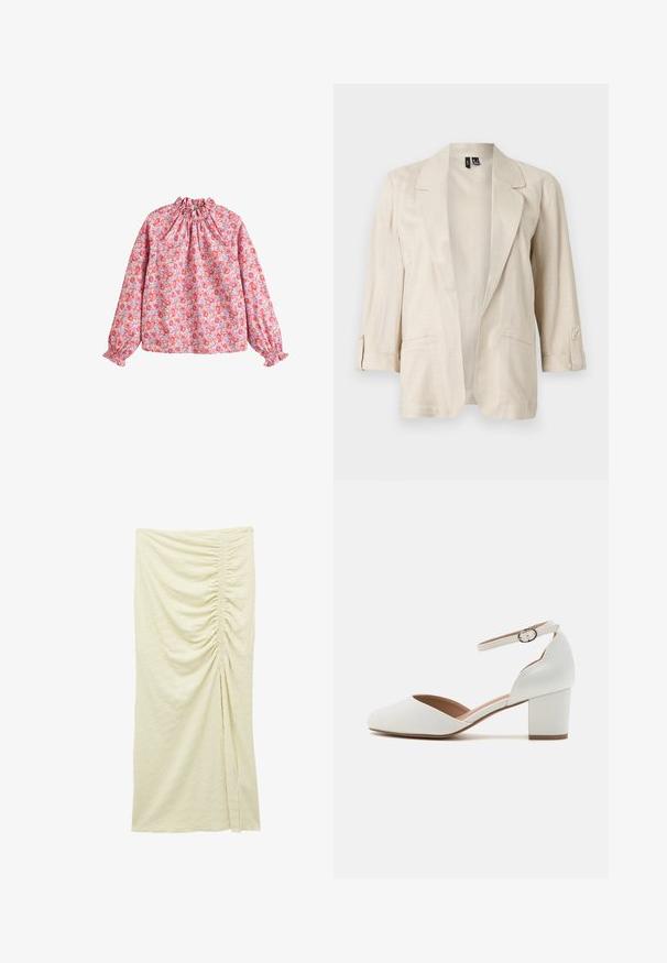 Blazer abierto de color beige claro con solapas con muesca, mangas tres cuartos con pestañas de botones y dos bolsillos delanteros.; Blusa floral con escote y puños fruncidos, con un fondo rosa y flores rojas y moradas, hecha de una tela ligera.; Falda de tela texturizada color crema con fruncido recogido en el centro delantero y una abertura cerca del dobladillo.; Anna Field Tacones - white